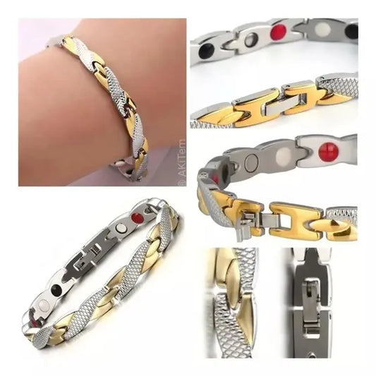 Pulsera Biomagnetica terapéutica de Acero de Titanio Plateada (2X1)